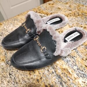 Steve Madden Jill Black Leather Faux Fur Mules Loafer Slides Women's Sz 7.5